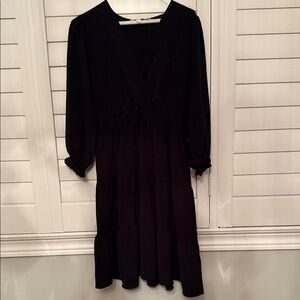 Monteau Black Long Sleeve V-Neck Dress